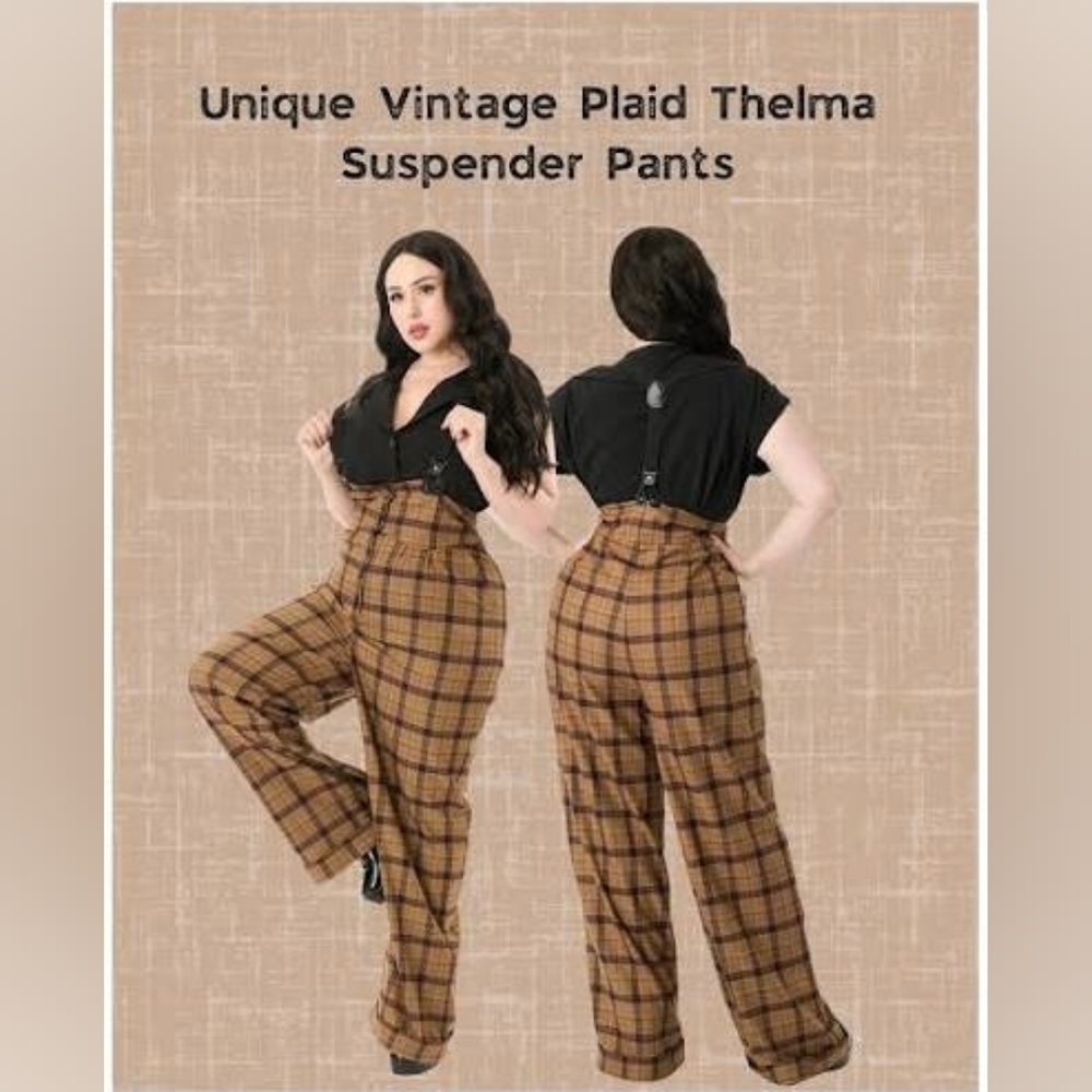 NWT Unique Vintage Brown Plaid Wide Leg Suspender Pants